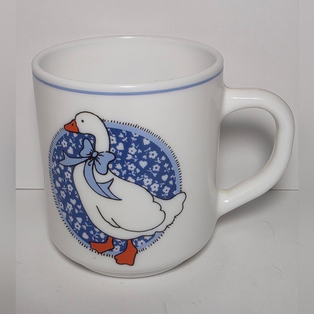 Vintage Arcopal France Country Mug - Blue Ribbon Mother Goose Opal Glass Cottage